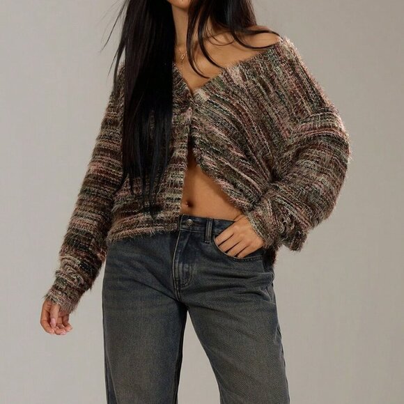 Casual Women's Oversized Textured Stripe Knit Sweater cardigan - Picture 4 of 5